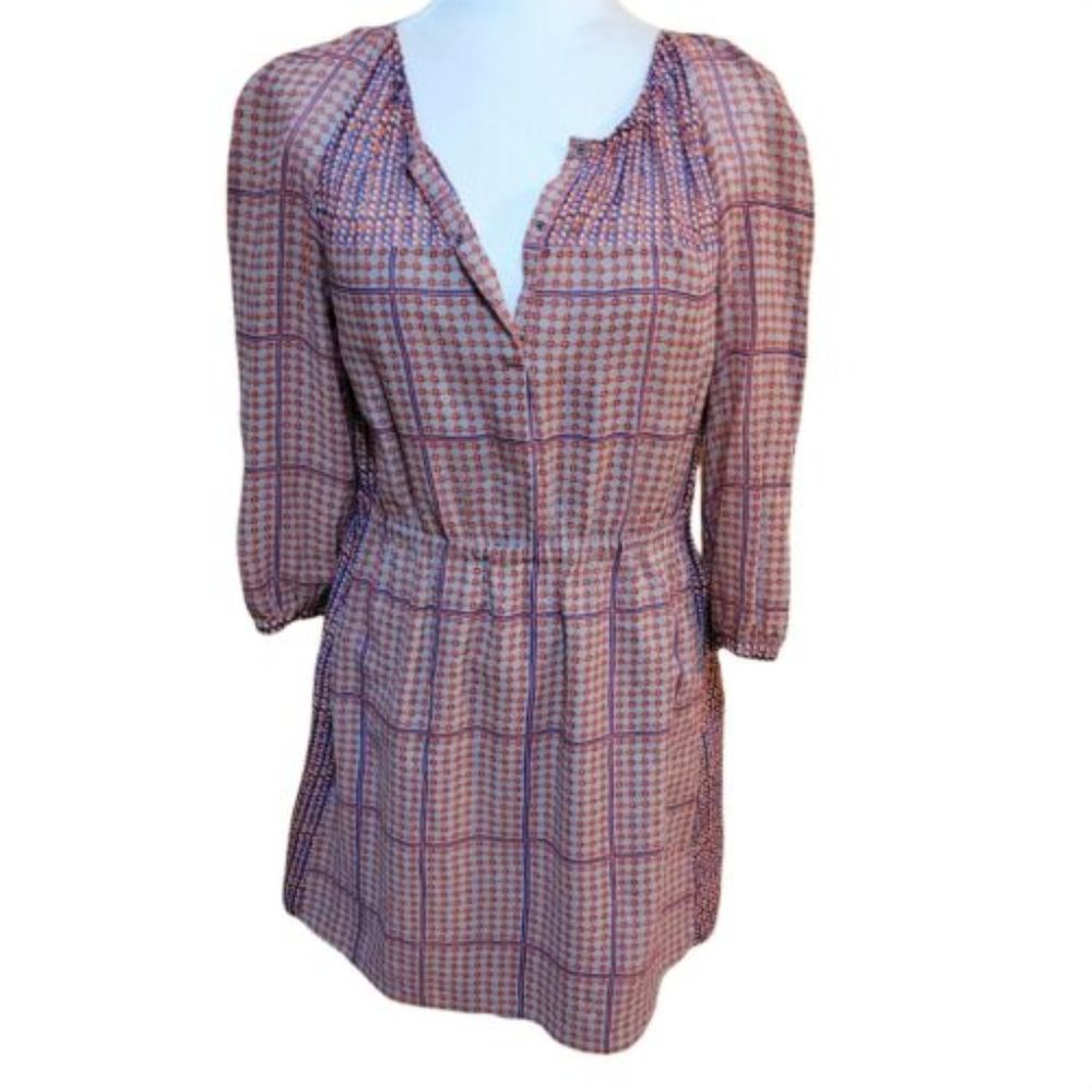 Madewell 100% Silk 3/4 Sleeve‎ Dress Gray, Blue, Red Print Sz 0 -EUC